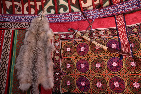 Interior decoration of a Kazakh yurt. The decoration of the yurt consists of objects and products created by home crafts in various regions of Kazakhstan.