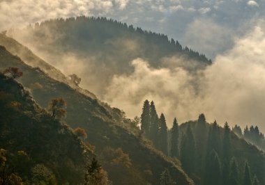 Kazakistan 'ın Almaty kenti yakınlarındaki Trans-Ili Alatau dağlarında sonbahar mevsimi.