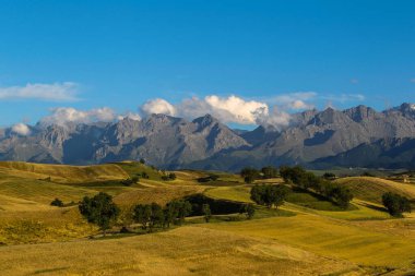 Çin 'deki Xinjiang' da güzel sonbahar tarlaları.