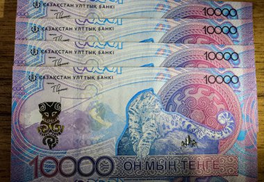 10,000 tenge 'lik parçalar masanın üzerinde duruyor.