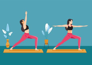 Genç bir kadının yoga çalışmasını, Savaşçı Asana 'yı, Virabhadrasana' yı, 