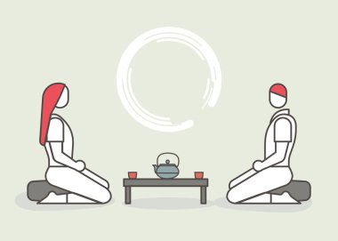 A man and a woman drinking tea in traditional japanese zen style. Sitting in a zafu. Vector illustration in minimal line style. clipart