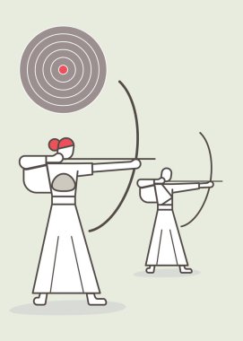 Monks practicing japanese kyudo archery. They are aiming for the target. Vector illustration in a basic line style. clipart