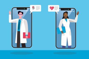İki doktor akıllı telefonlardan el sallıyor, tıbbi raporları ve sağlık verilerini değiş tokuş ediyorlar, teletıp ve çevrimiçi sağlık hizmetleri kavramını temsil ediyorlar.
