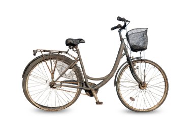 Grunge rusty bike with front basket with fungus, isolated on white 