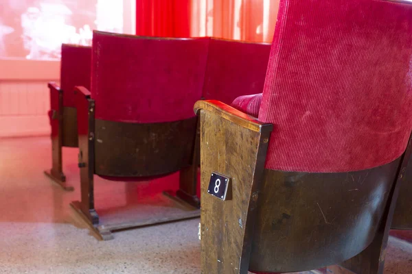 Close Empty Vintage Numbered Red Cinema Seats Movie Theater — Stock Photo, Image