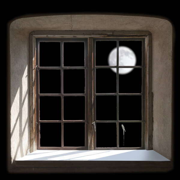 Traditional wooden window frame seen from inside, with moon light creating shadows.  Some bird poop easy to remove if desired. 