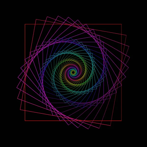 在黑色背景上旋转的光谱光正方形 形成螺旋形 图库图片
