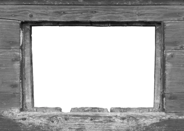 白で隔離された古代の木製の天候の窓枠は 独自のビューを加えます ストック写真