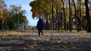 Sonbahar parkındaki sarı ağaçlar boyunca kameradan kaçan küçük bir çocuk. Arkada video var. Yakın plan.