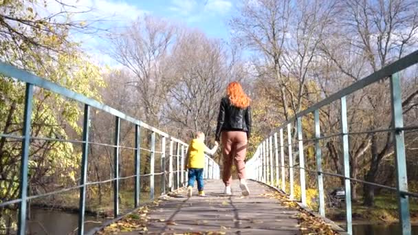 Młoda Matka Swoim Synkiem Spaceruje Moście Przez Rzekę Jesiennym Lesie — Wideo stockowe