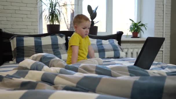 黄色のTシャツを着た男の子がノートパソコンの画面を見ている 接近中だ ビデオ — ストック動画