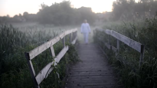 一个身穿白衣 注意力不清的男人走在一条长满芦苇的河上的一座木桥上 — 图库视频影像