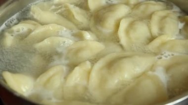 Ukrainian national dish. The process of making dumplings. Handmade dumplings are boiled in boiling boiling water in a saucepan. Close-up.