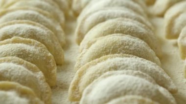 Raw handmade dumplings on a wooden kitchen board sprinkled with flour on top. Beautiful rows with dumplings. Ukrainian national dish. Close-up.