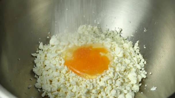 Cook Pours Sugar Bowl Raw Chicken Egg Homemade Cottage Cheese — Stock video