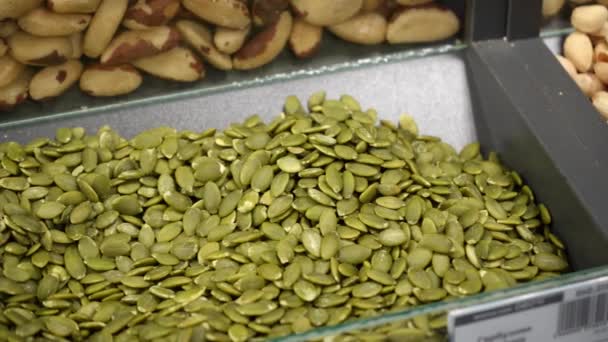 Peeled Pumpkin Seeds Open Container Store Counter Concept Healthy Proper — 비디오