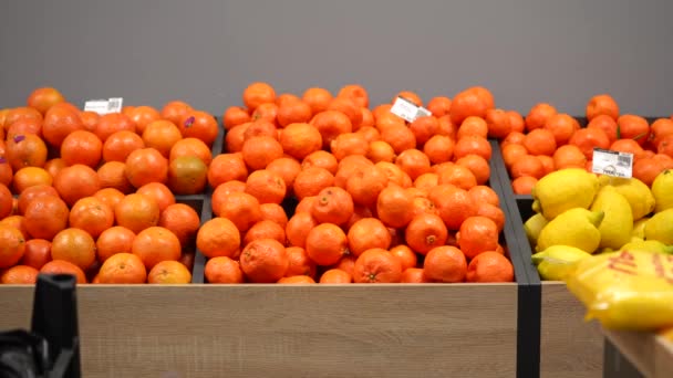Juicy Bright Tangerines Wooden Boxes Store Counter Harvesting Storage Sale — Stockvideo
