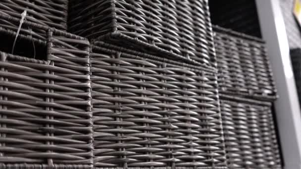 Textural Wicker Black Wooden Boxes Store Shelf Weaving Wood Wood — Stockvideo