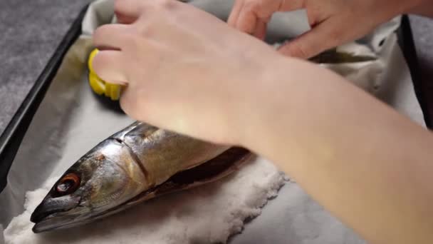อคร วบรรจ ปลาในเกล วยเคร องเทศก อนอบ กระบวนการท าอาหารปลาในเปล อกเกล Flamb — วีดีโอสต็อก