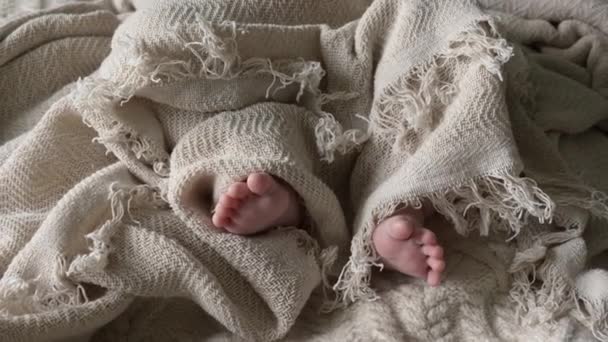 Kleine Kinderbeine Eines Neugeborenen Lugen Unter Der Decke Hervor Und — Stockvideo