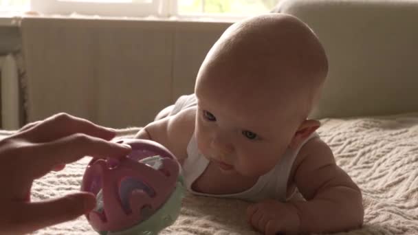 Маленький Новорожденный Лежит Животе Трикотажном Одеяле Смотрит Игрушечный Мяч Мама — стоковое видео