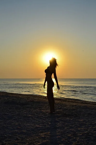 Темный Силуэт Молодой Сексуальной Девушки Море Свете Заходящего Солнца Вертикальное — стоковое фото