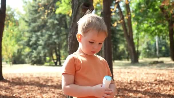 Сумний Маленький Хлопчик Осінньому Парку Тримає Мильні Бульбашки Руках Високоякісні — стокове відео