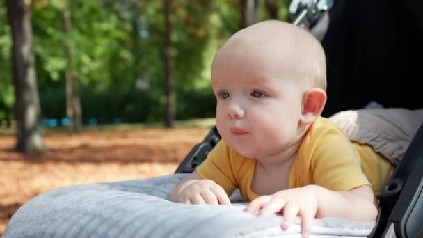 Ein Kleines Kind Liegt Auf Dem Bauch Kinderwagen Und Blickt — Stockvideo