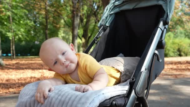 Small Child Lies His Stomach Stroller Smiles Playfully Sleepy Baby — Stock Video