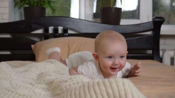 Ein Zufriedenes Kleines Ohrenbaby Versucht Auf Dem Bett Krabbeln Ein — Stockvideo