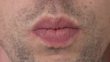 Kirli sakallı erkek dudakları hava öpücüğünü gösteriyor. Son derece yakın çekim. Ağır çekim. Erkek dudaklarının yüz ifadeleri yakın plan. Yüksek kalite 4k görüntü