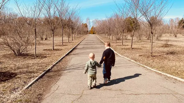 İki çocuk çıplak ağaçlarla çevrili asfalt bir park yolunda el ele yürüyor. Sahne, açık bir günde huzurlu ve huzurlu bir arkadaşlık ve arkadaşlık anı yakalıyor. Yüksek kalite fotoğraf