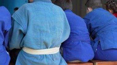 Dövüş sanatları eğitimi sırasında bir bankta otururken renkli kimono giyen çocukların arka planı.