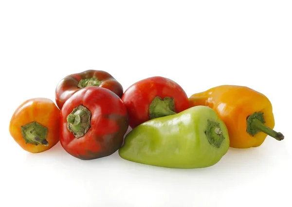 Várias Pimentas Multicoloridas Para Preparar Saladas Cozinhar Refeições Perto — Fotografia de Stock