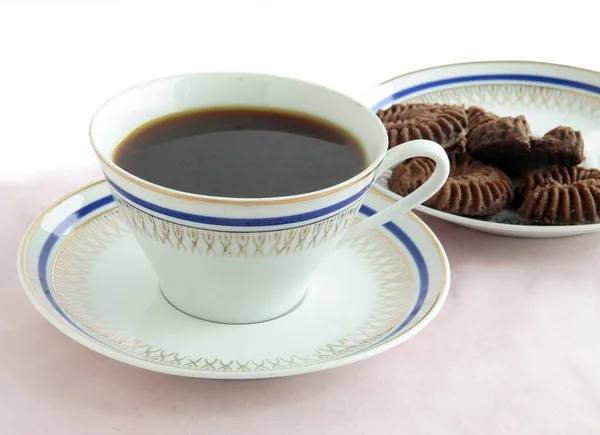 Чашка Горячего Кофе Вкусный Различные Торты Печенье Закрыть — стоковое фото