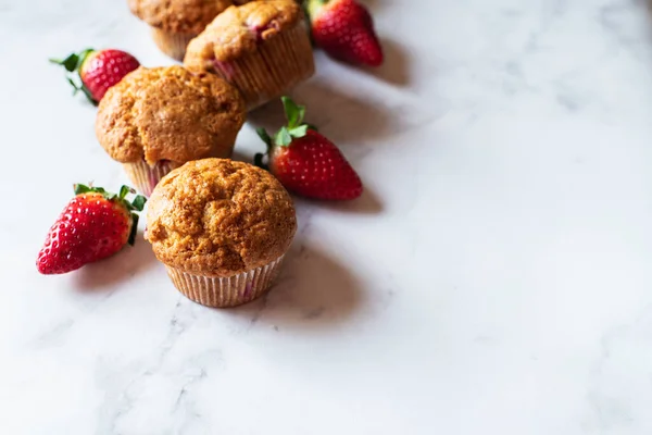 Strawberry Muffins Berries White Marble Background Top View Copy Space Stock Image