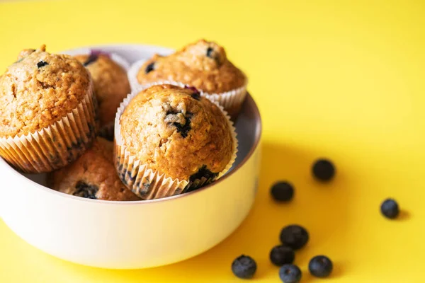 Blueberry Muffins Served White Bowl Yellow Background Close Stock Image