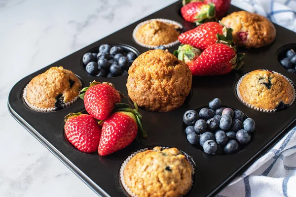 Assorted Blueberry Strawberry Muffins Baking Tin Close Stock Photo