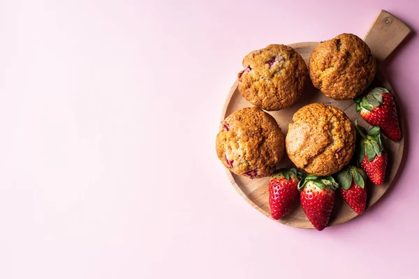 Strawberry Muffins Wooden Board Pink Background Copy Space Royalty Free Stock Photos