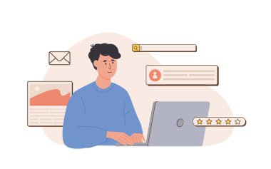 Genç mutlu UI UX tasarımcısı dizüstü bilgisayarla çalışıyor. İş yerindeki serbest çalışan biri içerik yaratıyor. Web sitesi geliştirme. Çevrimiçi iş, internet pazarlama, iletişim. İçerik yöneticisi. Vektör illüstrasyonu.
