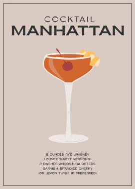 Maraska vişneli Manhattan Klasik Kokteyli. Klasik alkolik içecek tarifi duvar resmi baskısı. Yaz aperatifi posteri. Minimalist alkolik içki pankartı. Vektör illüstrasyonu.