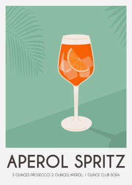Bardakta Aperol Spritz kokteyli, buzlu ve bir dilim portakallı. Yaz İtalyan aperatif retro posteri. Arka planda portakal kamaları ve narenciye ağacıyla süslenmiş alkollü içeceklerle dolu duvar sanatı. Vektör.