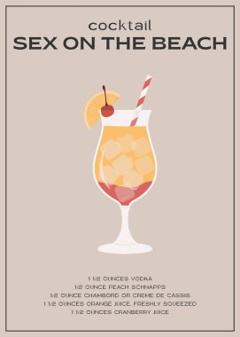 Portakal ve kirazla süslenmiş tropikal kokteyl. Klasik alkolik içecek tarifi duvar resmi baskısı. Yaz aperatifi posteri. Çağdaş alkollü içecek pankartı. Vektör illüstrasyonu