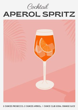 Bardakta Aperol Spritz kokteyli, buzlu ve bir dilim portakallı. Yaz İtalyan aperatif retro posteri. Arka planda portakal kamaları ve narenciye ağacıyla süslenmiş alkollü içeceklerle dolu duvar sanatı. Vektör.