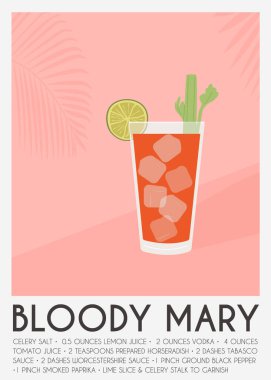 Kereviz saplı ve dilimlenmiş limon dilimli domates suyundan modern Bloody Mary kokteyli. Klasik alkollü içecek tarifi. Modern moda baskı. Çağdaş duvar sanatı. Vektör illüstrasyonu.