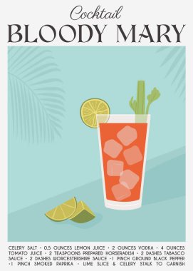 Kereviz saplı ve dilimlenmiş limon dilimli domates suyundan modern Bloody Mary kokteyli. Klasik alkollü içecek tarifi. Modern moda baskı. Çağdaş duvar sanatı. Vektör illüstrasyonu.