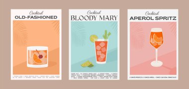 Eski moda, Aperol Spritz ve malzemeli Bloody Mary Klasik Kokteyl tarifi. Yaz aperatifi duvar sanatı. Garnitür alkollü içecek grafiği. Minimalist dikey poster. Vektör illüstrasyonu
