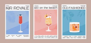 Kir Royale, Sex on the Beach ve malzemeli klasik kokteyl tarifi. Yaz aperatifi duvar sanatı. Garnitürlü alkollü içecek grafik baskısı. Minimalist poster. Vektör illüstrasyonu.