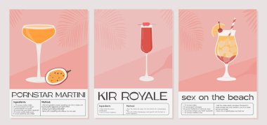 Porno yıldızı Martini, Kir Royale ve Sex on the Beach Cocktail. Klasik alkollü içecek tarifi. Modern moda grafik baskı seti. Yaz aperatifi duvar sanatı. Minimalist poster ve garnitür içeceği. Vektör.